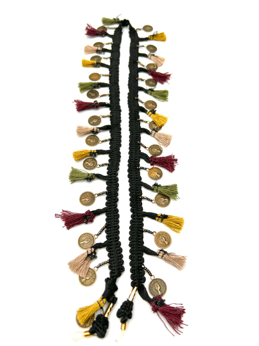 Gispy, black, multicolored tassels and coins